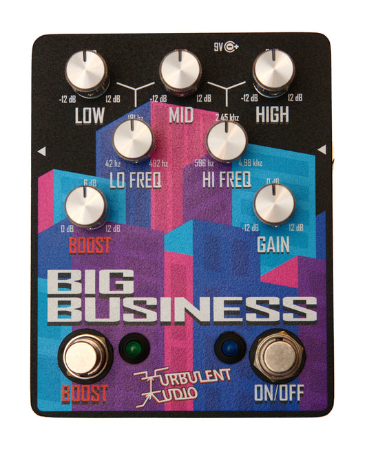White Turbulent Audio Big Business pedal with six black control knobs and two footswitches